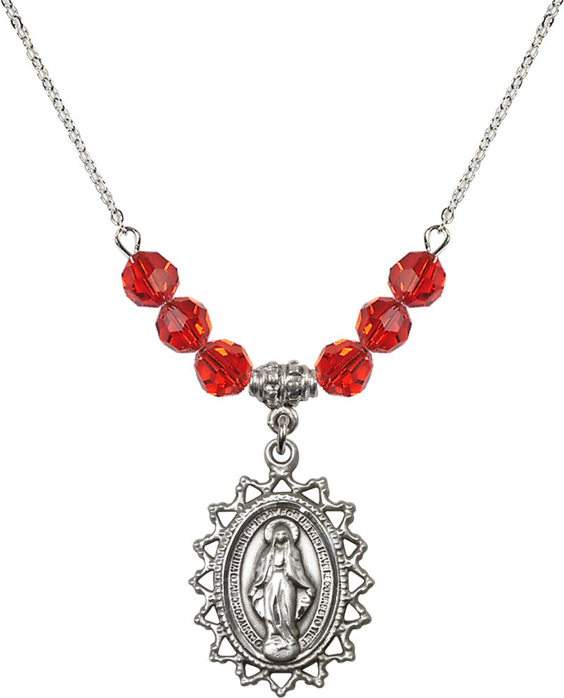 Sterling Silver Miraculous Birthstone Necklace with Ruby Beads - 1619