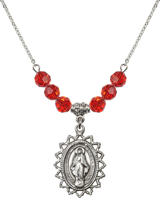 Sterling Silver Miraculous Birthstone Necklace with Ruby Beads - 1619
