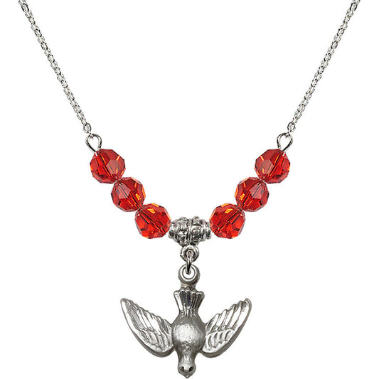 Sterling Silver Holy Spirit Birthstone Necklace with Ruby Beads - 1628