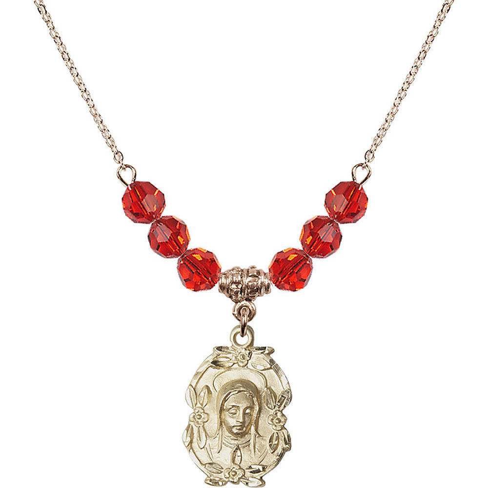 14kt Gold Filled Madonna Birthstone Necklace with Ruby Beads - 1647
