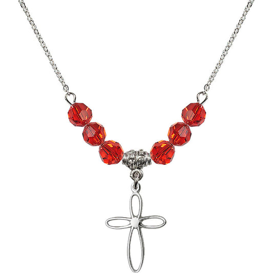 Sterling Silver Loop Cross Birthstone Necklace with Ruby Beads - 1707