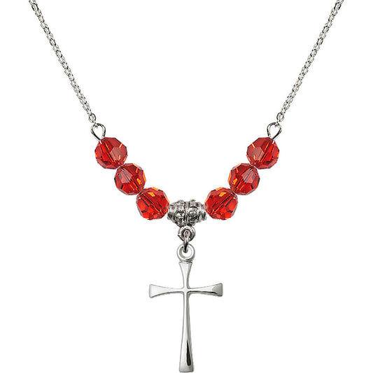 Sterling Silver Maltese Cross Birthstone Necklace with Ruby Beads - 1870