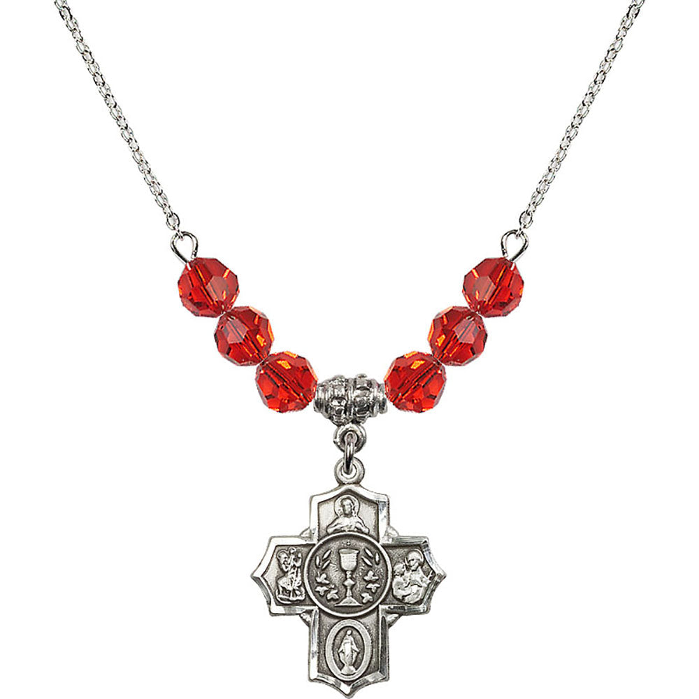 Sterling Silver Communion/5-Way Birthstone Necklace with Ruby Beads - 2004