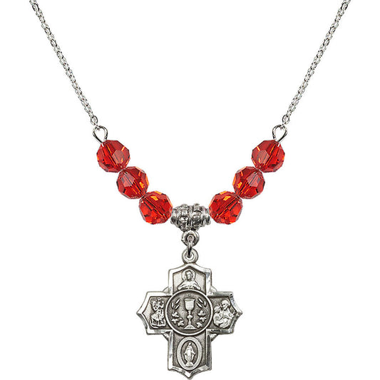 Sterling Silver Communion/5-Way Birthstone Necklace with Ruby Beads - 2004