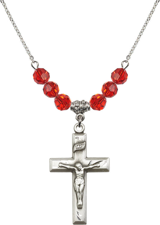 Sterling Silver Crucifix Birthstone Necklace with Ruby Beads - 2186
