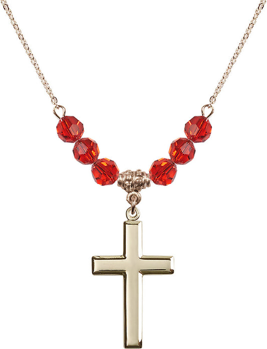 14kt Gold Filled Cross Birthstone Necklace with Ruby Beads - 2190