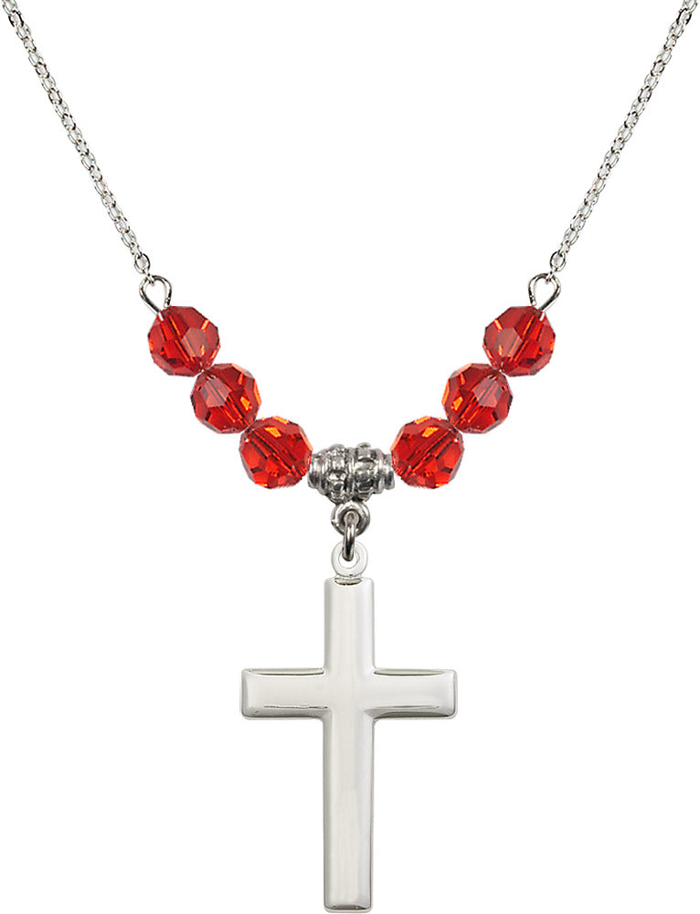 Sterling Silver Cross Birthstone Necklace with Ruby Beads - 2190