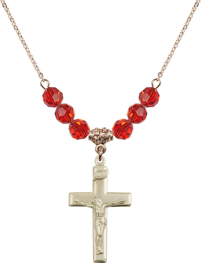14kt Gold Filled Crucifix Birthstone Necklace with Ruby Beads - 2191