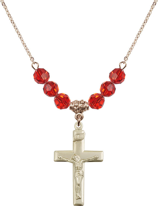 14kt Gold Filled Crucifix Birthstone Necklace with Ruby Beads - 2191