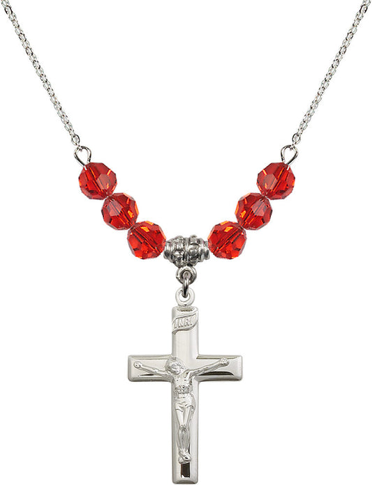 Sterling Silver Crucifix Birthstone Necklace with Ruby Beads - 2191