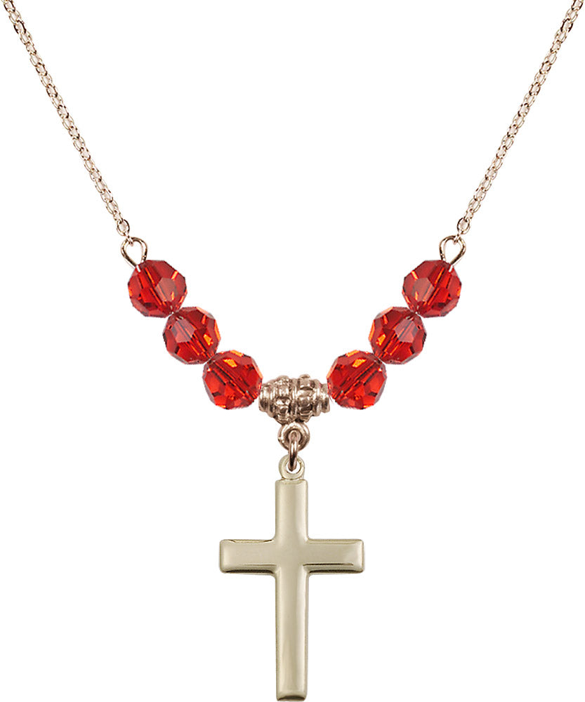 14kt Gold Filled Cross Birthstone Necklace with Ruby Beads - 2195