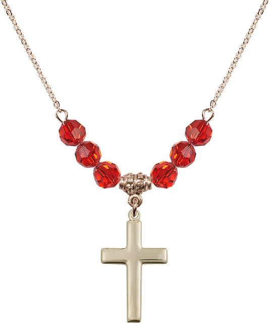 14kt Gold Filled Cross Birthstone Necklace with Ruby Beads - 2195