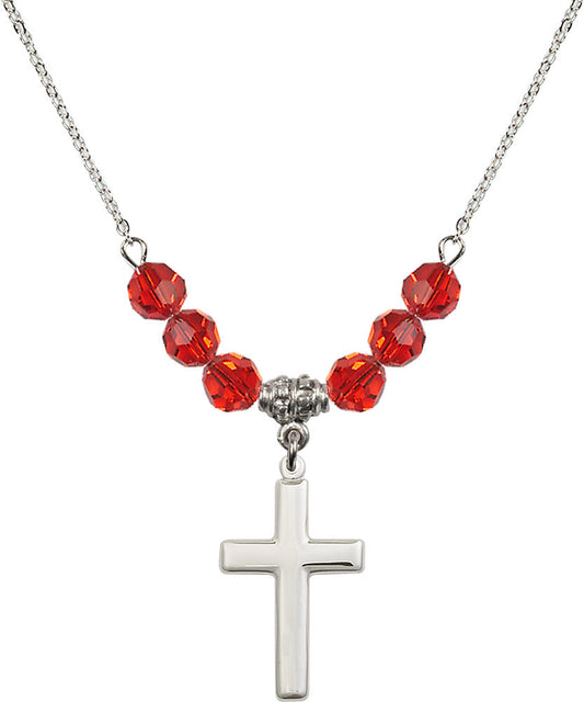 Sterling Silver Cross Birthstone Necklace with Ruby Beads - 2195