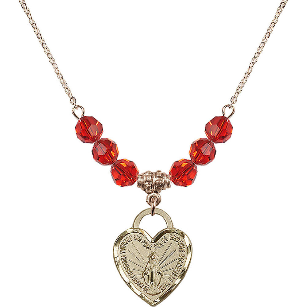 14kt Gold Filled Miraculous Heart Birthstone Necklace with Ruby Beads - 3201