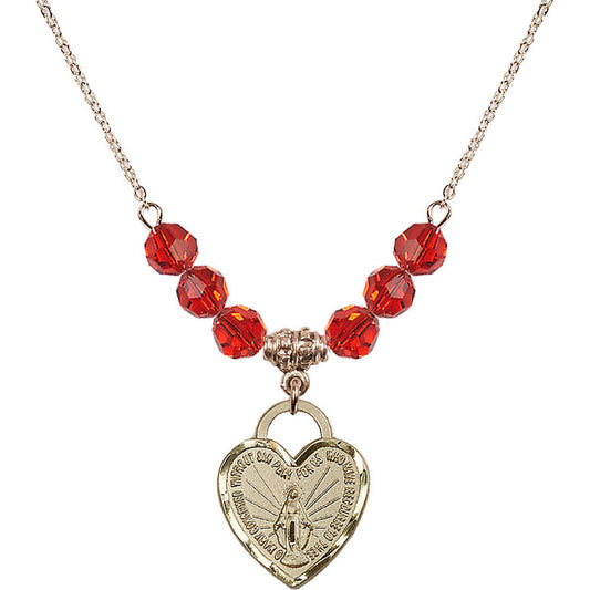 14kt Gold Filled Miraculous Heart Birthstone Necklace with Ruby Beads - 3201