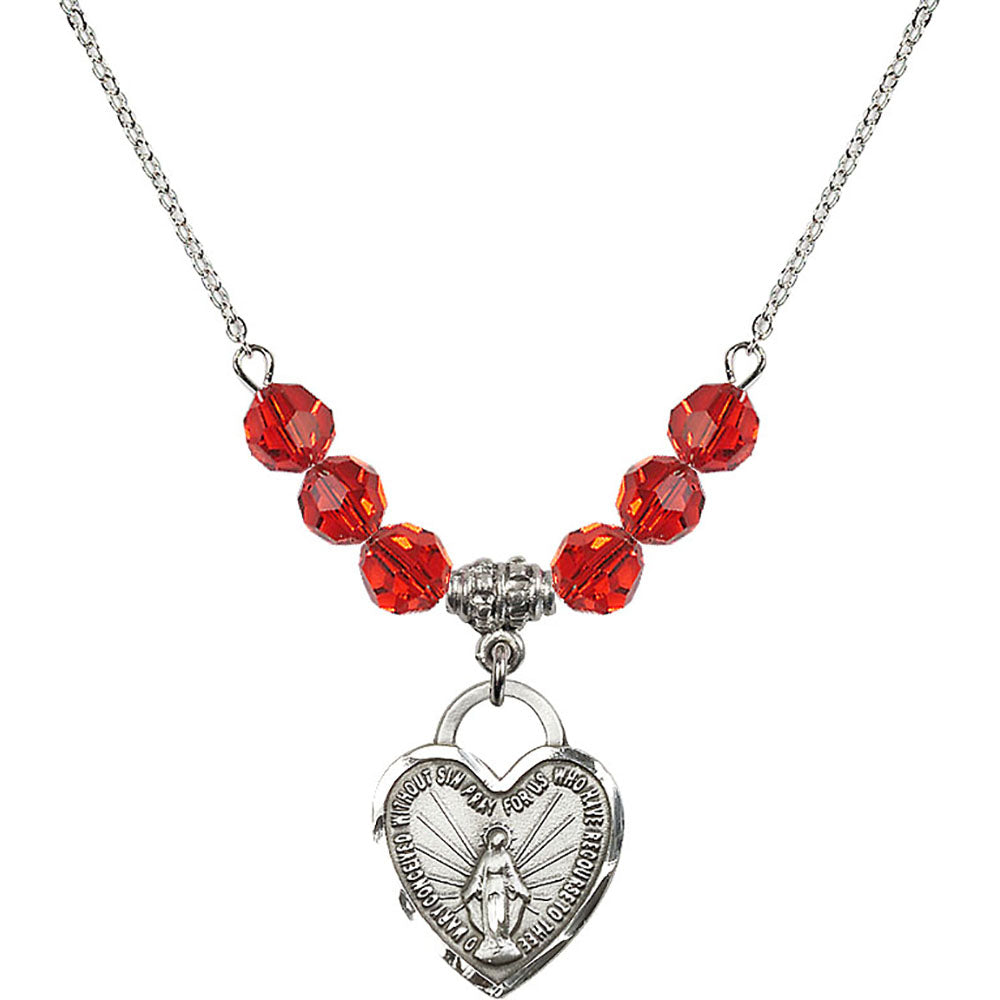 Sterling Silver Miraculous Heart Birthstone Necklace with Ruby Beads - 3201