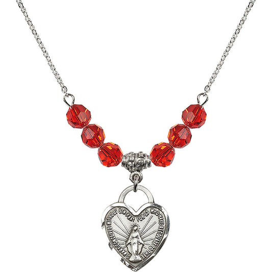 Sterling Silver Miraculous Heart Birthstone Necklace with Ruby Beads - 3201