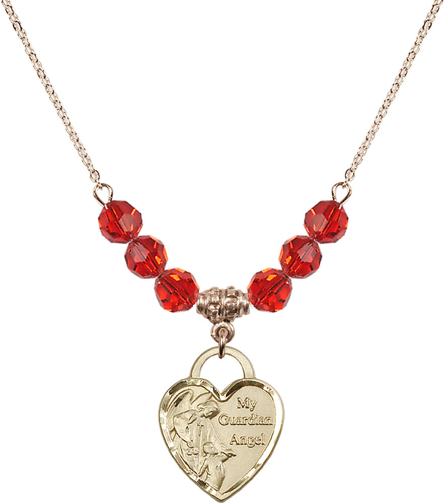 14kt Gold Filled Guardian Angel Heart Birthstone Necklace with Ruby Beads - 3202