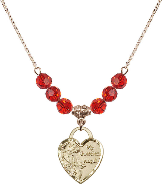 14kt Gold Filled Guardian Angel Heart Birthstone Necklace with Ruby Beads - 3202