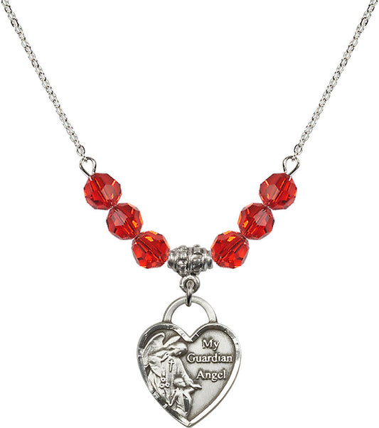 Sterling Silver Guardian Angel Heart Birthstone Necklace with Ruby Beads - 3202