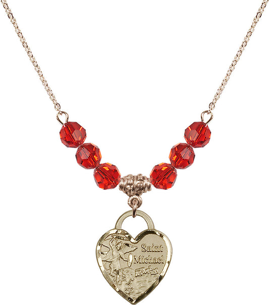 14kt Gold Filled Saint Michael the Archangel Birthstone Necklace with Ruby Beads - 3203