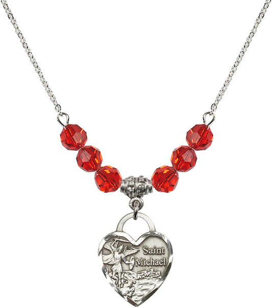 Sterling Silver Saint Michael the Archangel Birthstone Necklace with Ruby Beads - 3203