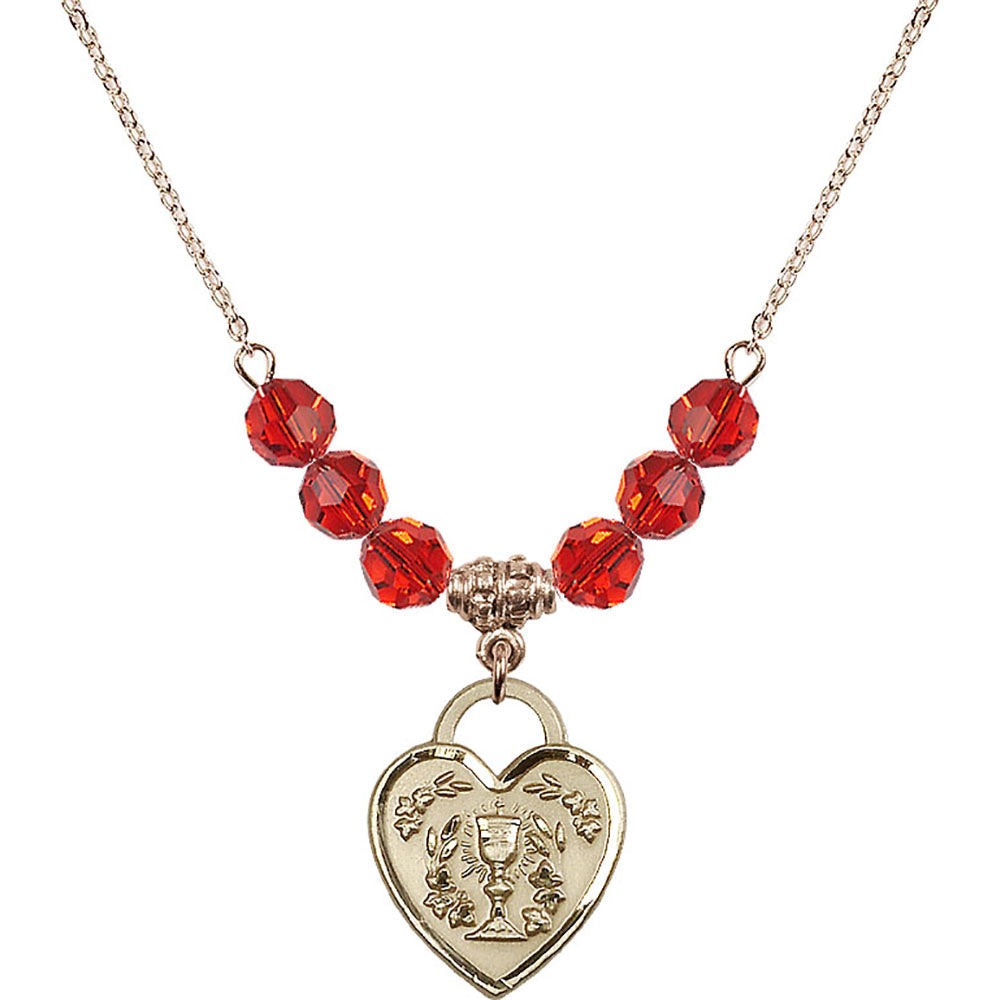 14kt Gold Filled Communion Heart Birthstone Necklace with Ruby Beads - 3204