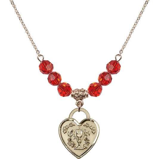 14kt Gold Filled Communion Heart Birthstone Necklace with Ruby Beads - 3204