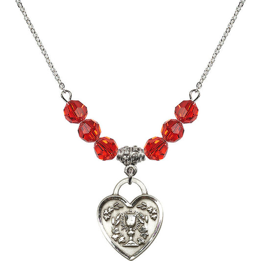 Sterling Silver Communion Heart Birthstone Necklace with Ruby Beads - 3204