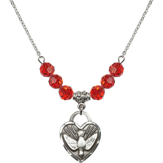 Sterling Silver Confirmation Heart Birthstone Necklace with Ruby Beads - 3205