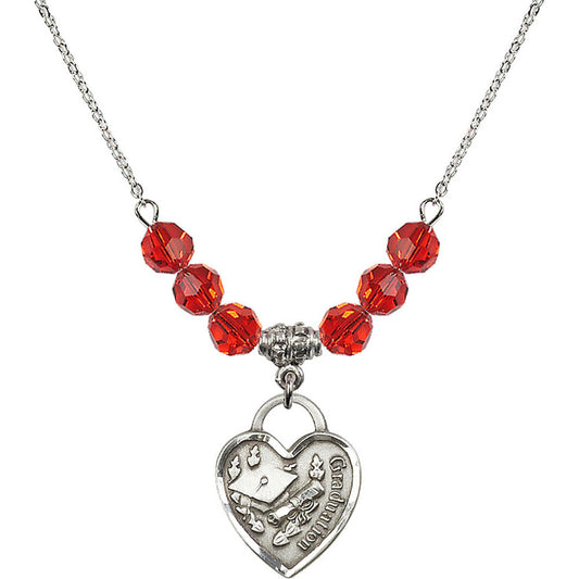 Sterling Silver Graduation Heart Birthstone Necklace with Ruby Beads - 3206