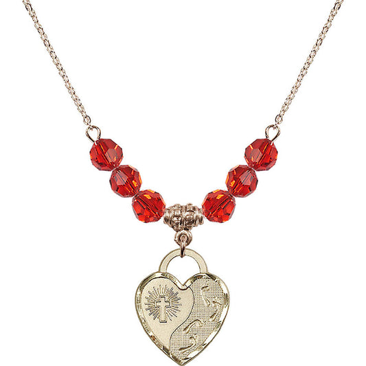 14kt Gold Filled Footprints Heart Birthstone Necklace with Ruby Beads - 3207