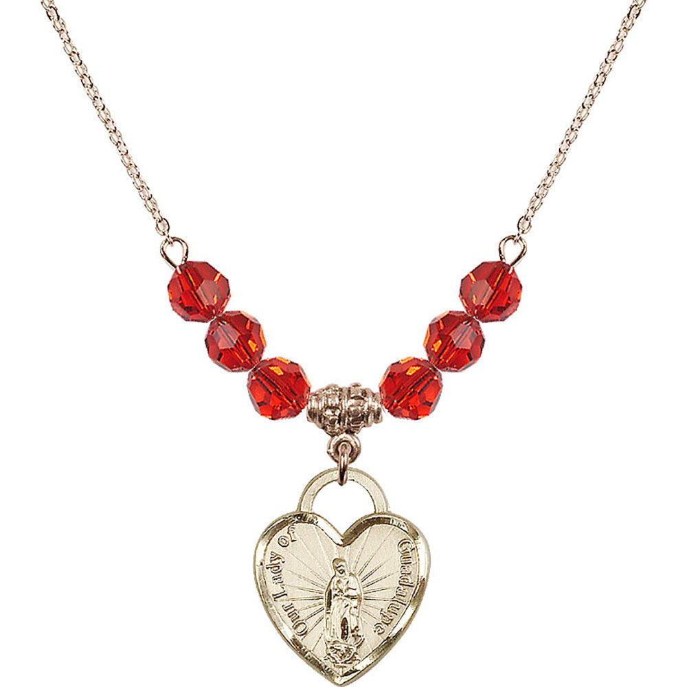 14kt Gold Filled Our Lady of Guadalupe Heart / Recuerdo Birthstone Necklace with Ruby Beads - 3209