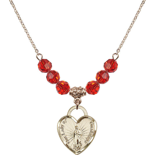 14kt Gold Filled Our Lady of Guadalupe Heart / Recuerdo Birthstone Necklace with Ruby Beads - 3209