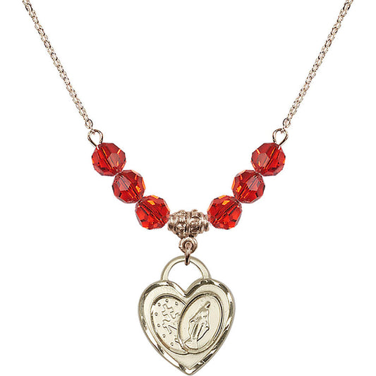 14kt Gold Filled Miraculous Heart Birthstone Necklace with Ruby Beads - 3212