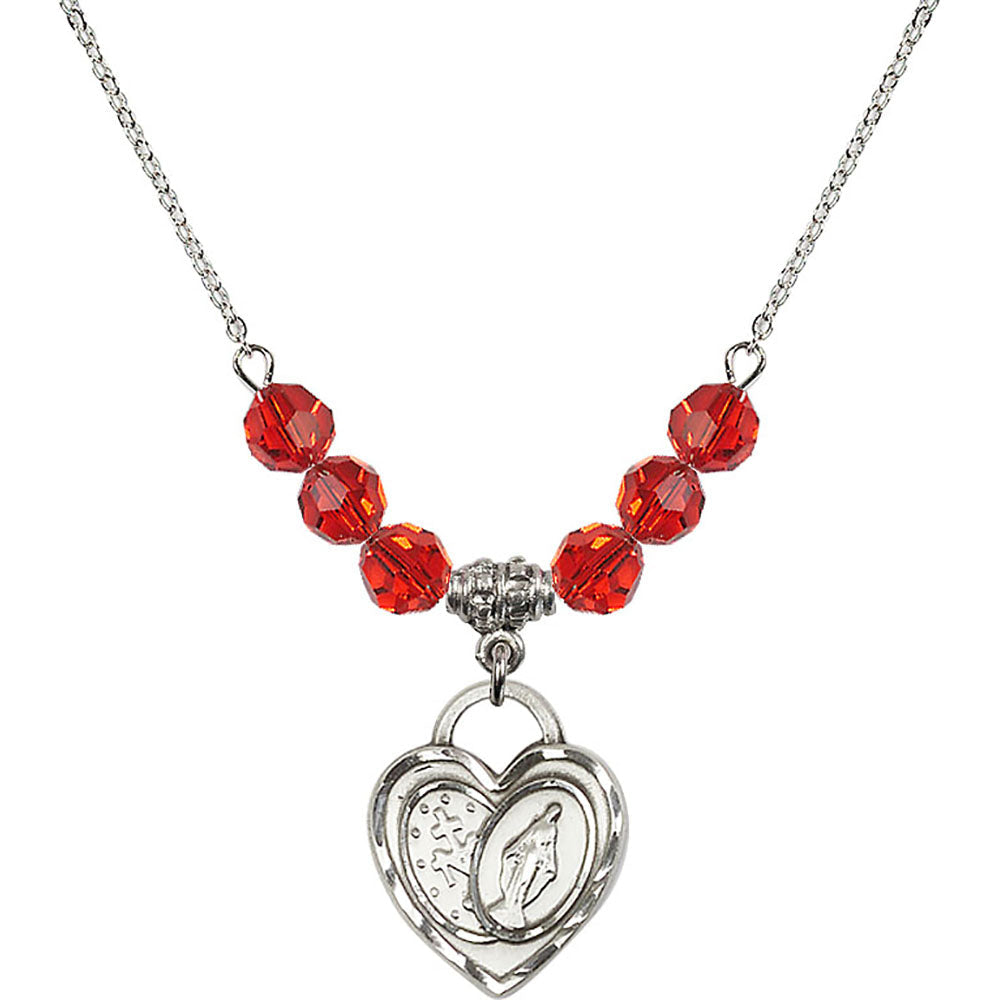 Sterling Silver Miraculous Heart Birthstone Necklace with Ruby Beads - 3212
