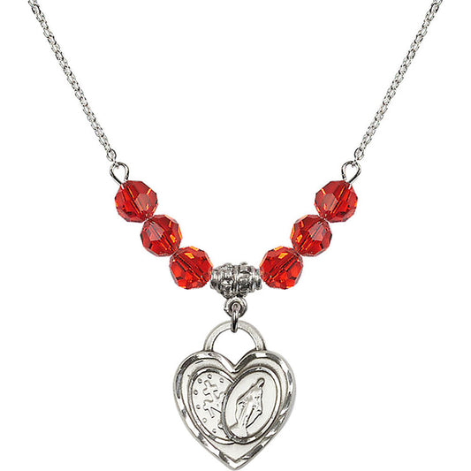 Sterling Silver Miraculous Heart Birthstone Necklace with Ruby Beads - 3212