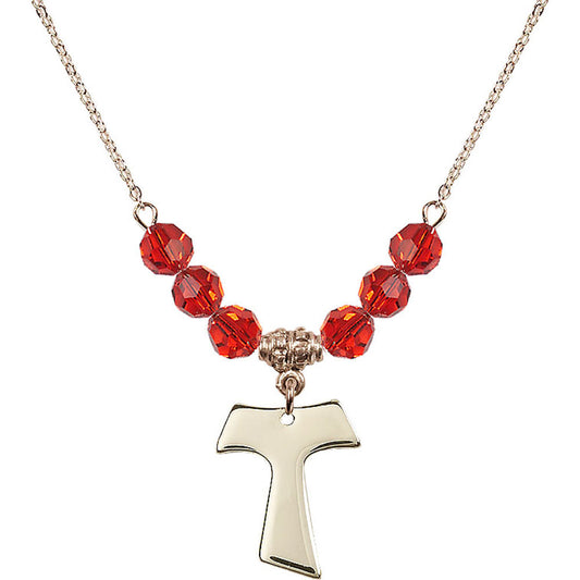 14kt Gold Filled Tau Cross Birthstone Necklace with Ruby Beads - 3948