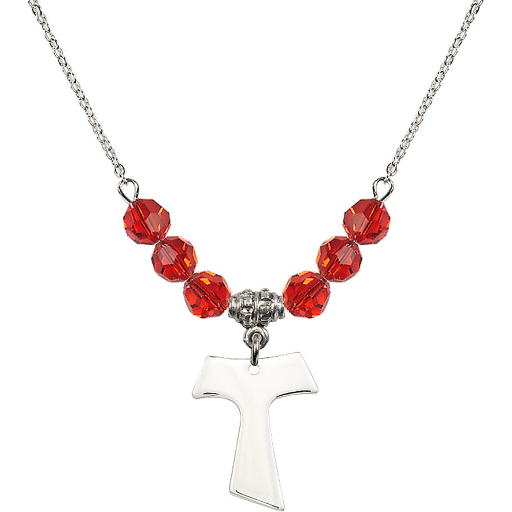 Sterling Silver Tau Cross Birthstone Necklace with Ruby Beads - 3948