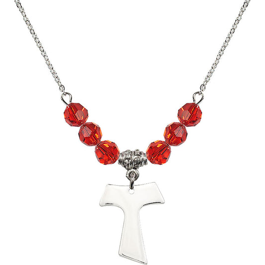 Sterling Silver Tau Cross Birthstone Necklace with Ruby Beads - 3948