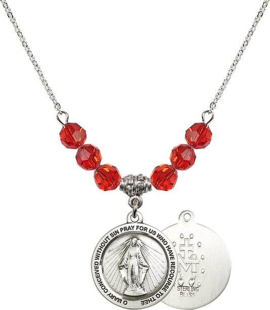Sterling Silver Miraculous Birthstone Necklace with Ruby Beads - 4056