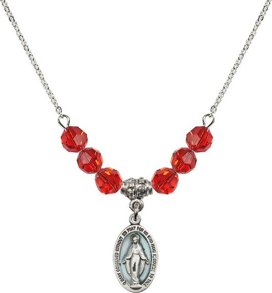Sterling Silver Miraculous Birthstone Necklace with Ruby Beads - 4122
