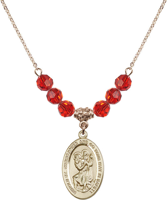 14kt Gold Filled Saint Christopher Birthstone Necklace with Ruby Beads - 4123
