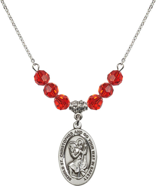 Sterling Silver Saint Christopher Birthstone Necklace with Ruby Beads - 4123