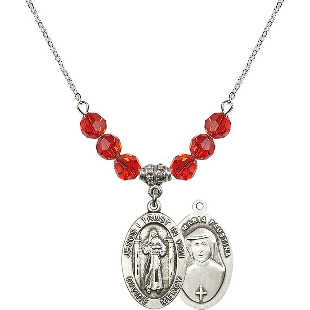 Sterling Silver Divine Mercy Birthstone Necklace with Ruby Beads - 4123