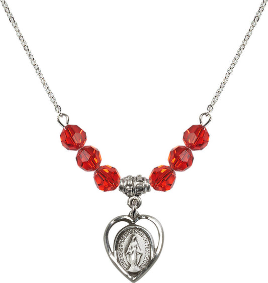 Sterling Silver Miraculous Birthstone Necklace with Ruby Beads - 4125