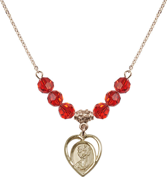 14kt Gold Filled Saint Christopher Birthstone Necklace with Ruby Beads - 4127