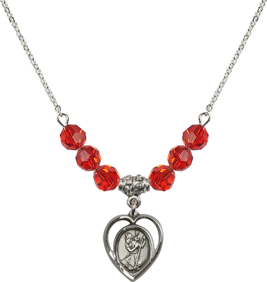 Sterling Silver Saint Christopher Birthstone Necklace with Ruby Beads - 4127