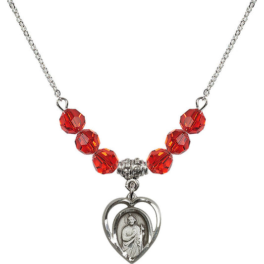 Sterling Silver Saint Jude Birthstone Necklace with Ruby Beads - 4128