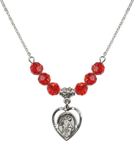 Sterling Silver Guardian Angel Birthstone Necklace with Ruby Beads - 4129